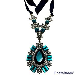 Emerald Green Baguette Stones & Clear Crystal Statement Necklace On Black Ribbon